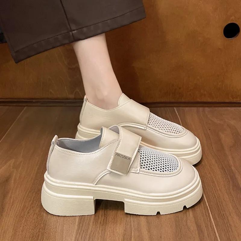 Лоферы 2024 года, новые популярные сетчатые дышащие женские туфли, толстая подошва, увеличенный размер, британский стиль, маленькие кожаные туфли для женщин