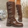 Fashion Fashion Buckle Strap Midi-Calf Boots for Women Autumn Winter Brown Rivet Wedges Boots Woman Plus Size Pu Leather Botas Mujer