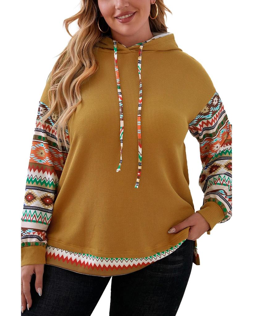 Azura Exchange Camel Aztec Patchwork Sleeve Waffle Drawstring Plus Hoodie