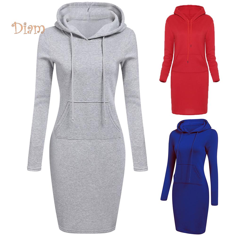 FASHION-MALL Однотонные Худи с Длинным Рукавом Bodycon для Женщин Платье-Худи до Колен