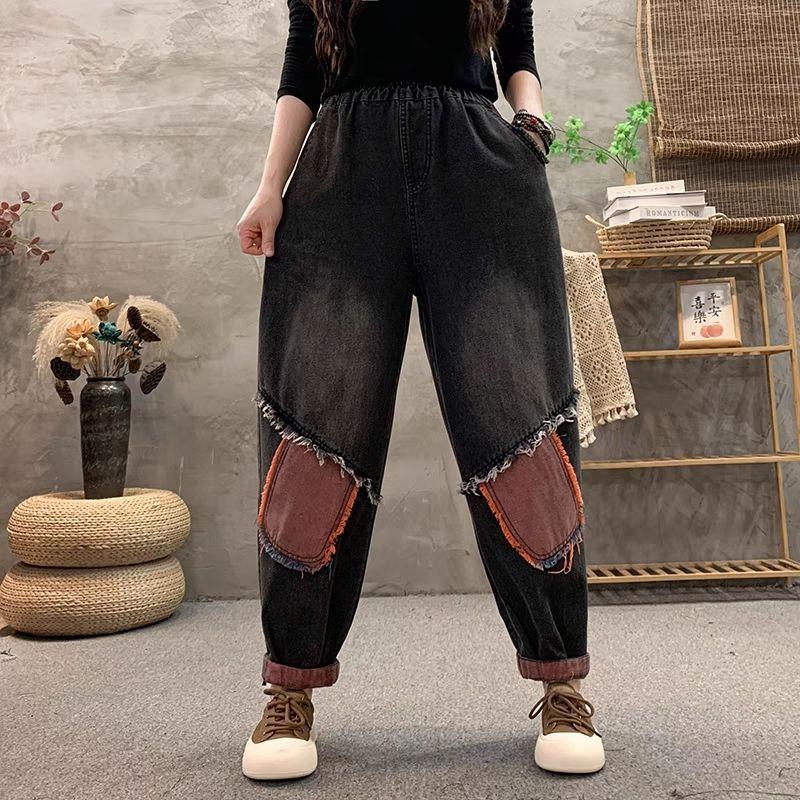 Свободные джинсовые брюки в стиле пэчворк, женские осенние джинсовые брюки с высокой талией, винтажные женские шаровары с карманами