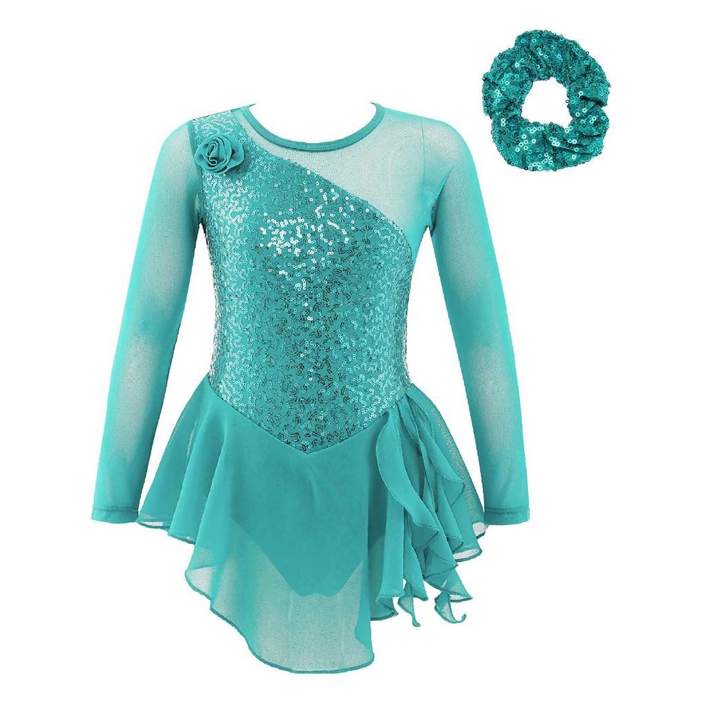 Платье для танцев для девочек, длинный рукав, круглый вырез, декор пайетками, цветок спереди, вырез на спине, костюм для выступлений
