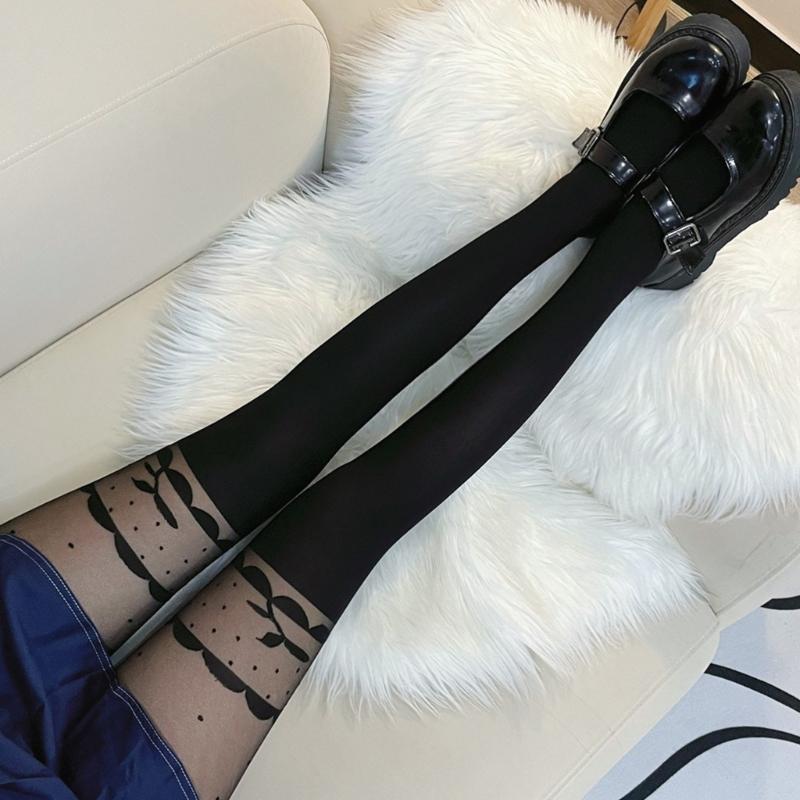 Women Jacquard Pattern Patchwork Mock Suspender Tights Sexy Faux Thigh High Socks JK Girls Black Pantyhose Stockings
