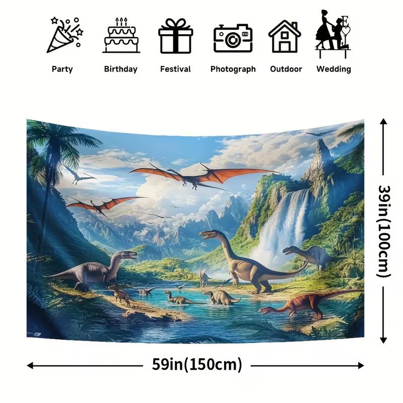 Реалистичный Гобелен с Динозаврами, 150x100 см, Декор 'Доисторический Водопад и Горная Стена' для Комнаты Мальчика и Дня Рождения
