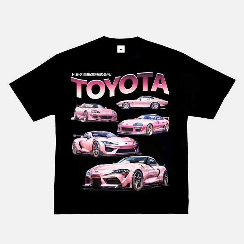 2024 RWB Car Black and White Short Sleeve JDM Car Culture T-shirt Hip Hop American Small Neckline Hiphop Top Vintage