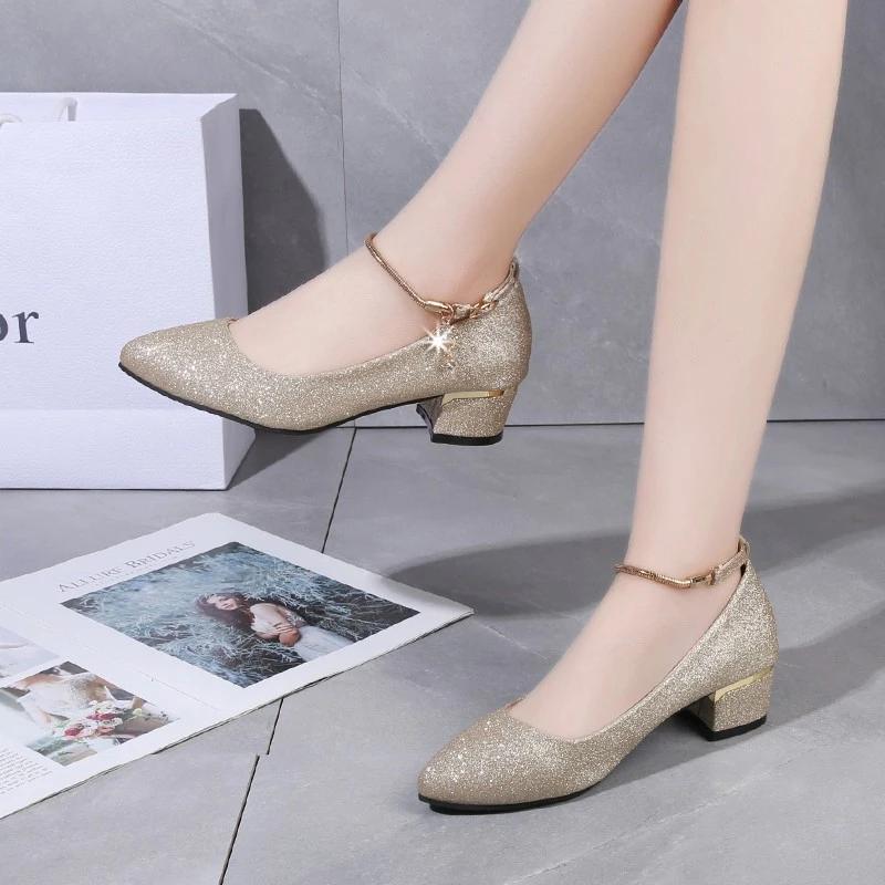 Fashion Women Wedding High Heel Shoes Silver Black Ankle Strap Crystal Shallow Chunky Block Heel Pumps Lady Heels Mary Jane Shoes