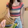 Rainbow Striped Square Neck Front Shoulder Knitted Short Sleeved T-shirt Summer Thin Cut with A Waistband Short Cut Chic and Beautiful Top