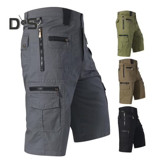 Men Cropped Pants with Multi-Pockets Design Mid-rise Button Zipper Fly Straight Leg Solid Color Cargo Shorts