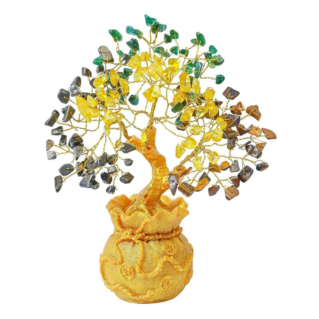 Money Magnet Crystal Tree Pyrite, Green Aventurine, Citrine, Tiger Eye Tree of Life Bonsai - Feng Shui Gold Crystal Ornaments for Prosperity