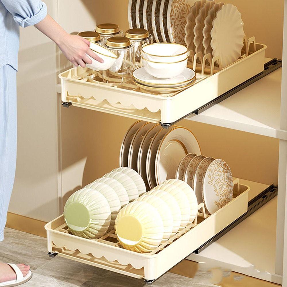 Punch-free Pull Out Dish Rack Built-In Drawer-type Plate Drain Rack Durable Dish Holder  Pantry