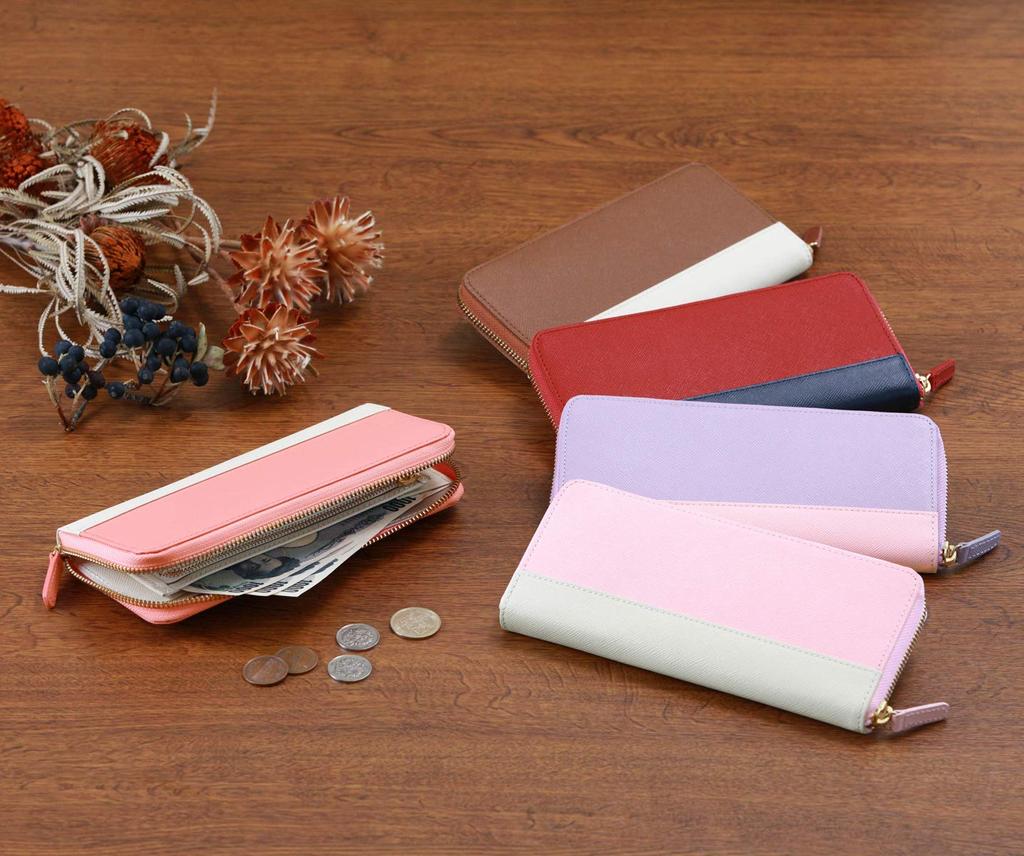 Long Genuine Round Large Capacity Pink X Ivory [Corale] Wallet, Women's Wallet, Leather, Bicolor, Zipper, (Flamingo White)