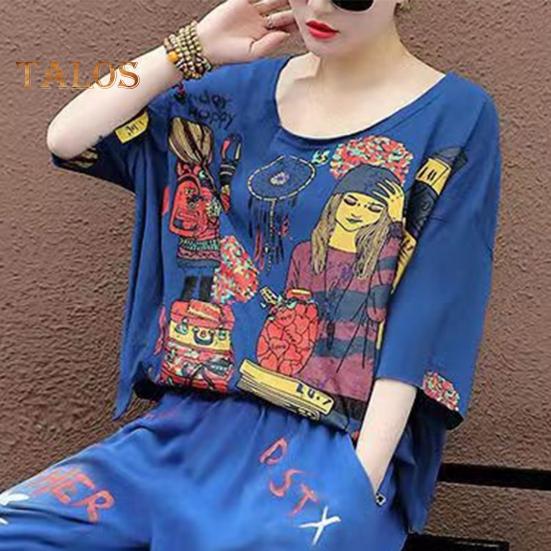 Женская футболка, комплект из 2 шт./компл., комплект брюк в стиле хип-хоп с принтом и V-образным вырезом, топ с короткими рукавами, укороченные брюки с ремешками на щиколотке, уличная одежда, дорожная повседневная одежда