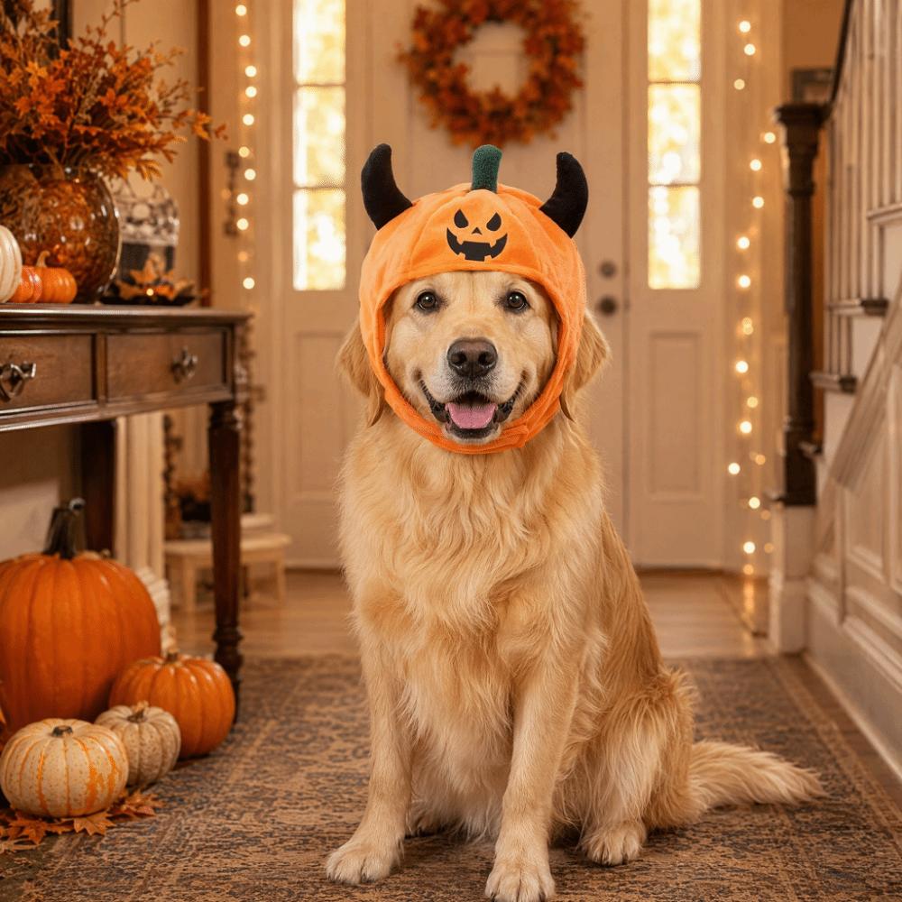 Fashionable Pumpkin Pets Hat Plush Ox Horn Cat Cap Creative Halloween Dog Hat Pet Accessories