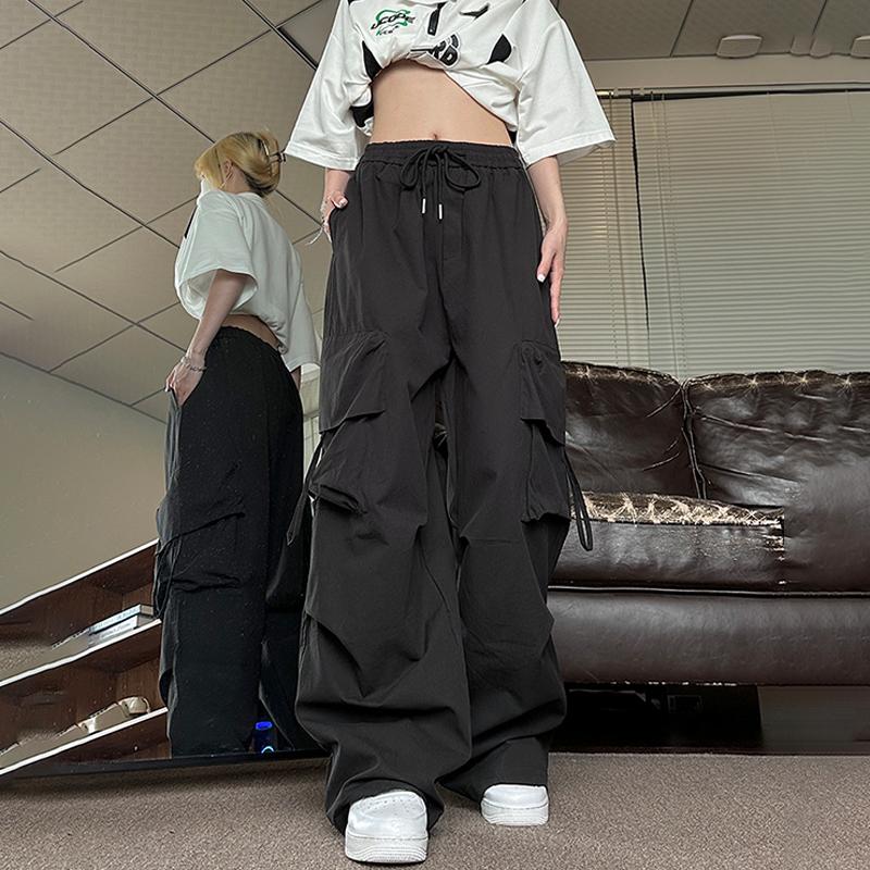 Бежевые брюки-карго в стиле хип-хоп, женские брюки-карго в стиле Харадзюку Y2K, винтажные мешковатые уличные брюки большого размера, широкие брюки-парашюты, женская корейская мода