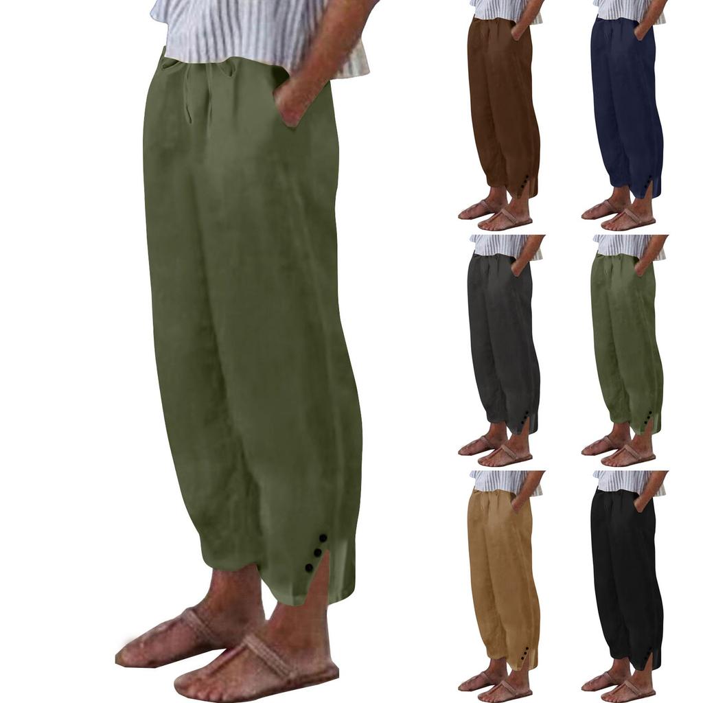 Женские льняные укороченные брюки - повседневные брюки с разрезом на пуговицах