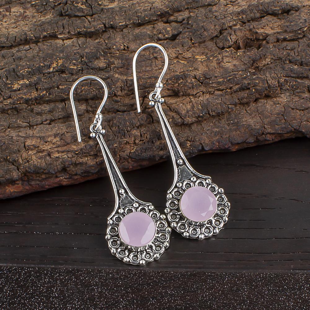 Ювелирные изделия из розового халцедона, Ювелирные изделия ручной работы из стерлингового серебра 925 пробы, Дизайнерские серебряные серьги, Подарок для сестры