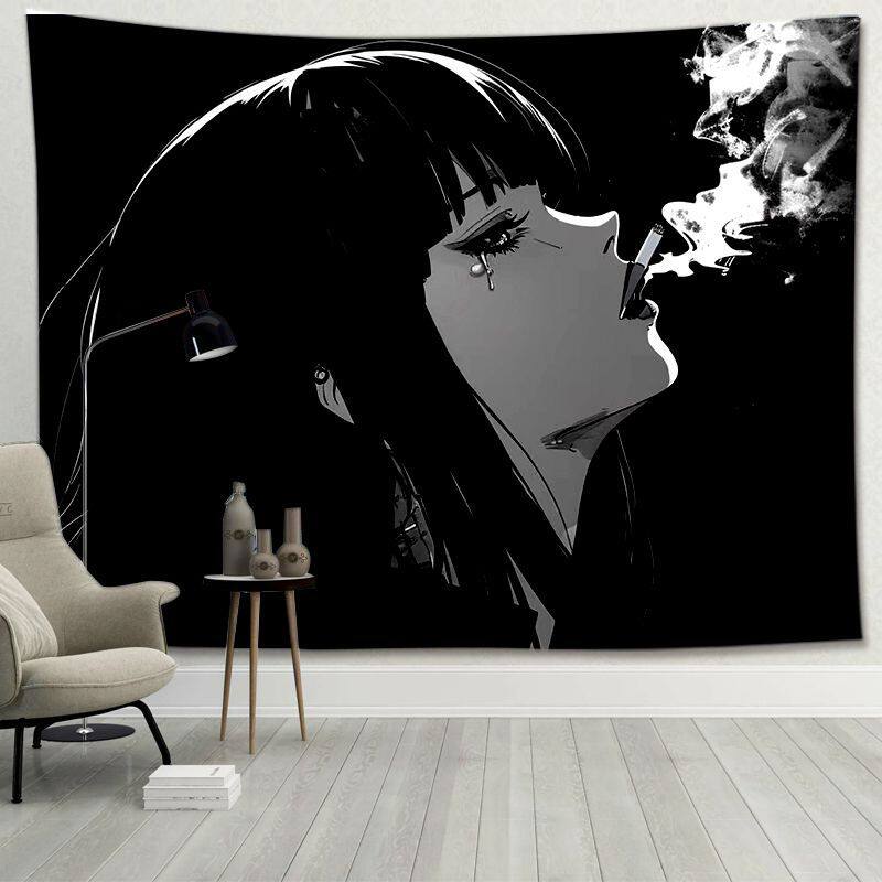 Emo Aesthetic Tapestry Wall Art Gothic Line Art Canvas Sad Girl Smoking Wall Hanging for Indie Bedroom Studio Decor