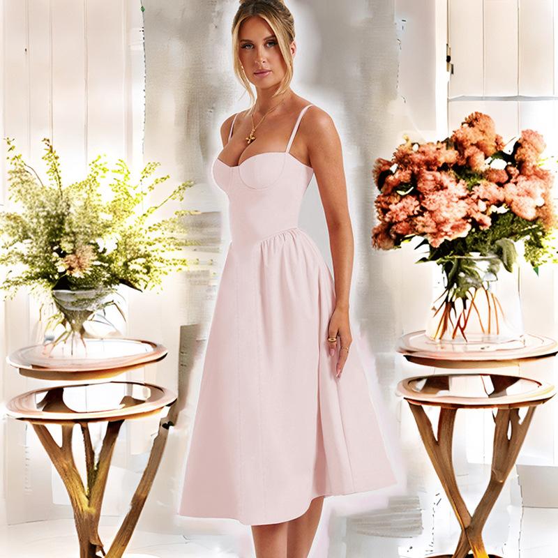 Женское платье длиной до колена с открытой спиной и принтом на тонких бретельках с v-образным вырезом и высокой талией