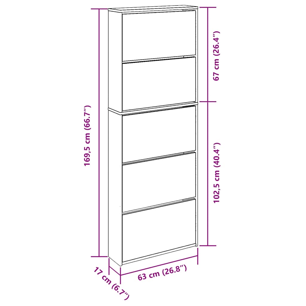 Shoe Cabinet with Mirror 5 Flip Down Compartments Grey Sonoma 63 x 17 x 169.5 cm