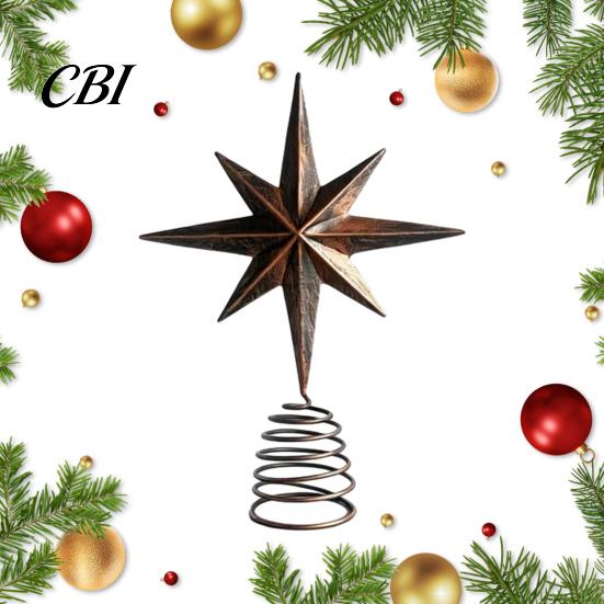 Retro Christmas Tree Finial Distressed Metal Eight-pointed Star Topper with Stable Spiral Farmhouse Style Spring Base, Vintage Ornament for
