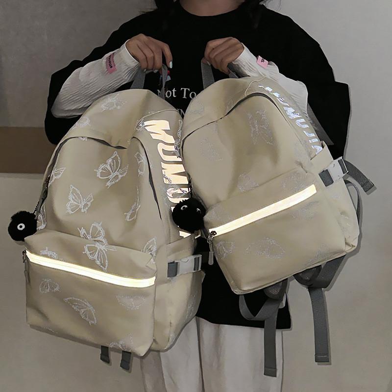 Simple Solid Color Butterfly Pattern Student Backpack With Plush Pendant For School And College Students