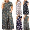 Plus Size Women Casual O-Neck Summer Short Sleeve Print Loose Pocket Long Dress