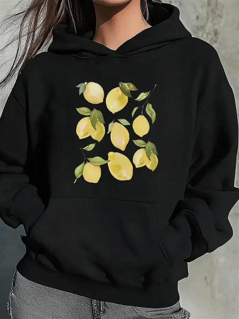 Women's Polyester Hoodie with Lemon Print Design Lightweight and Durable for Casual Wear in Kitchen or Living Room Black Color Com