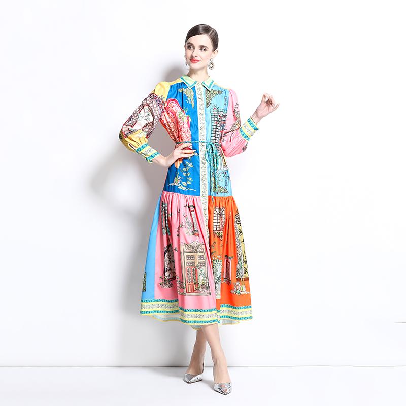 Spring Summer Women Turn-down Collar Shirt Vintage Print Oversize Long Loose Party Dresses