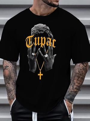 Мужская черная футболка с коротким рукавом с крупным принтом TUPAC и уникальным ручным дизайном для активного отдыха, с круглым вырезом, из полиэстера