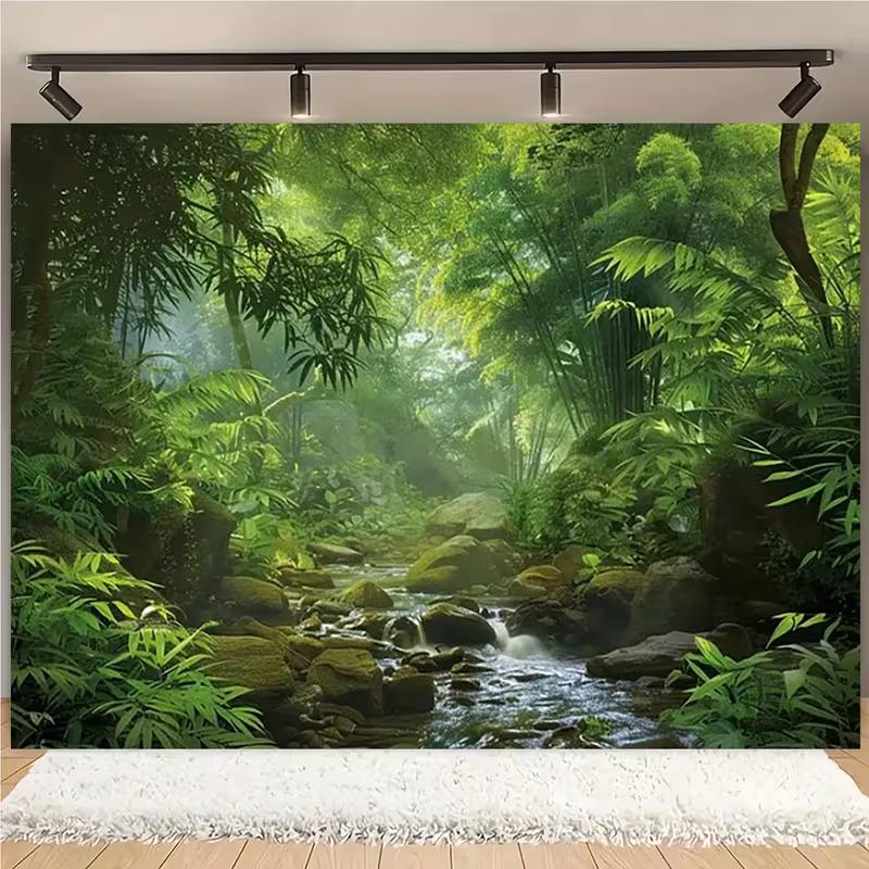 2D Misty Tropical Jungle Waterfall Backdrop Photography Background Banner