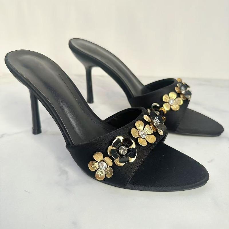 Peep Toe Women Summer Modern Sandals Metal Flower Decoration Dress Party Daily Casual Mules Stiletto Female High Heels Shoes