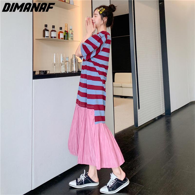 Dimanaf Women Plus Size New Summer Striped Dress Dress Patchwork Long T-shirt Dress Loose Fashion Pink Dresses