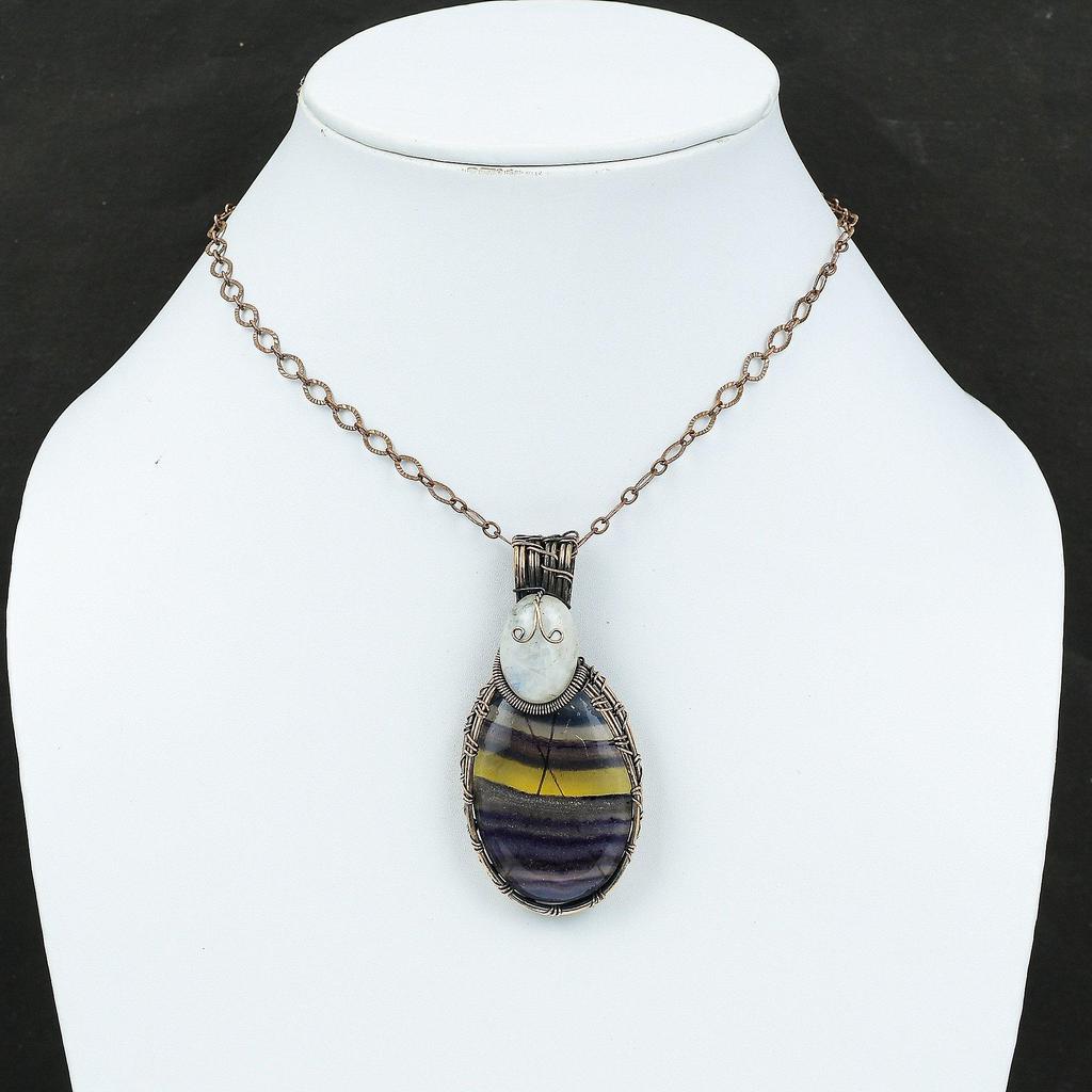 Multi Fluorite Pendant Copper Wire Wrapped Pendant Rainbow Moonstone Copper Jewelry Handmade Gemstone Jewelry Gift For Mom Wire Wrap Jewelry