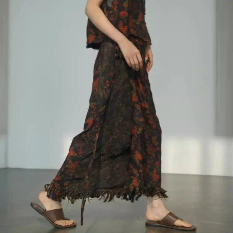 Johnature Women Chinese Style Bandage Skirts Print Floral Spring High Quality Women Vintage Tassels A-Line Skirts