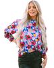 Blue Mock Neck Bubble Sleeve Floral Print Blouse