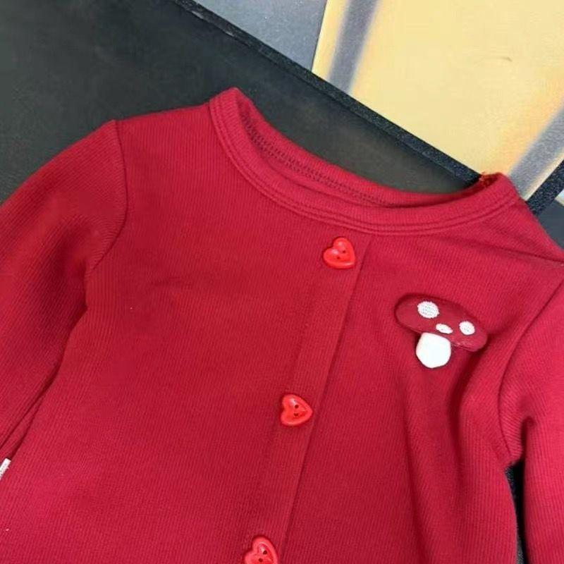 Girls Long Sleeve T-Shirt Winter Warm Cotton Blend Top With Lace Trim 3D Letter Print Red Base Layer