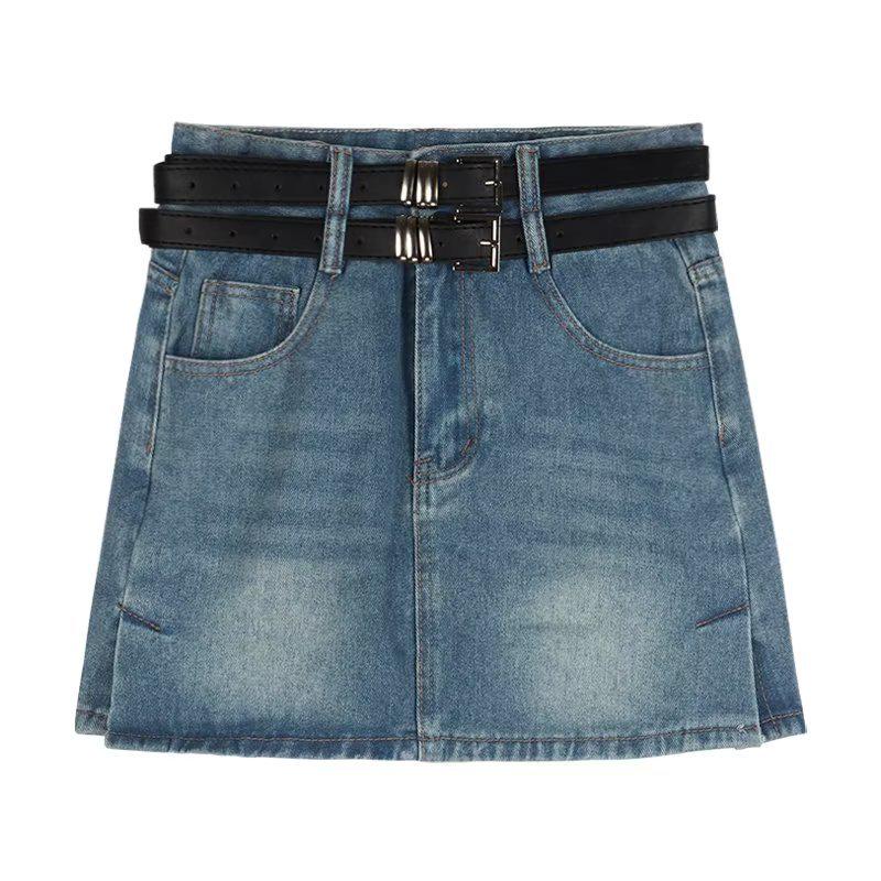 Острая девушка Юбка мини из денима с завышенной талией, ретро-разрезом и двойным ремнем - Женская летняя А-силуэта