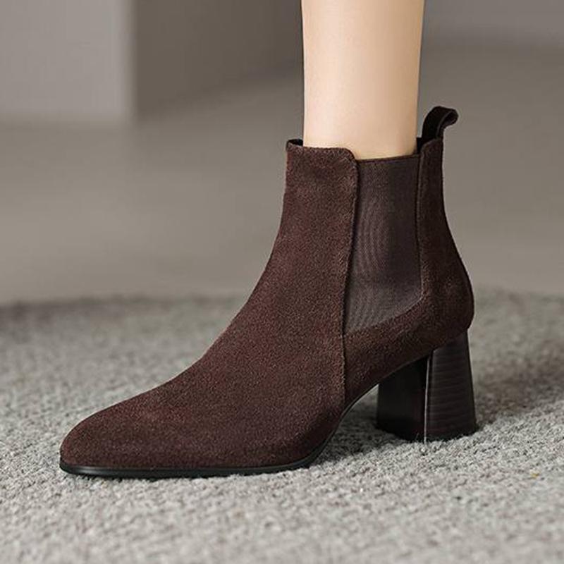 Krazing Pot Cow Suede Winter Round Toe Thick High Heels Modern Boots Women Slip On Office Lady Big Size 42 Ankle Boots