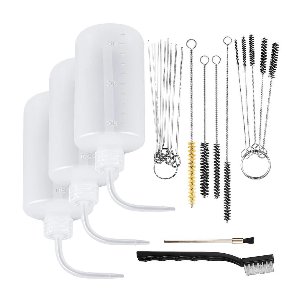 Набор для чистки портативного распылителя из 24 предметов включает 4 моющих бутылки с дозатором и 21 кисть для эффективного обслуживания краскопульта.