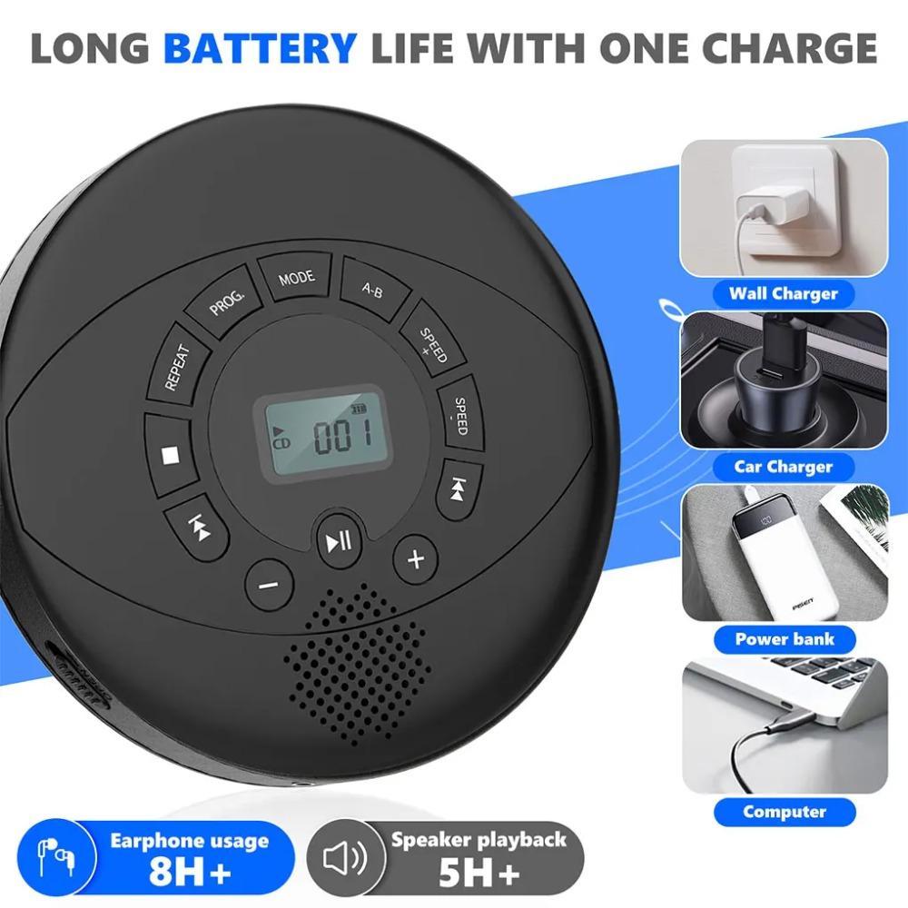 Портативный CD-плеер Bluetooth CD Walkman Встроенные динамики Перезаряжаемый CD-плеер с портом USB/AUX/наушников с наушниками