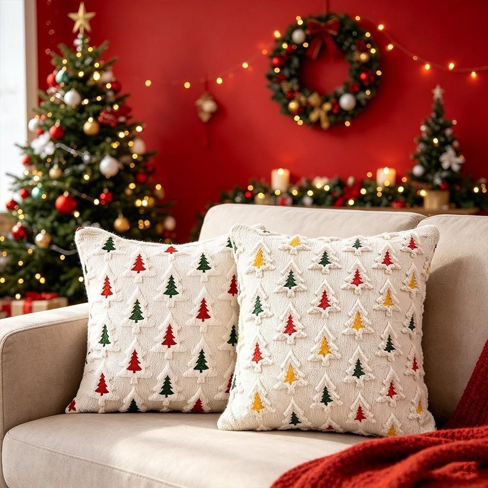Embroidered Throw Pillow Covers Christmas Tree Decorative Pillowcase Sofa Decor