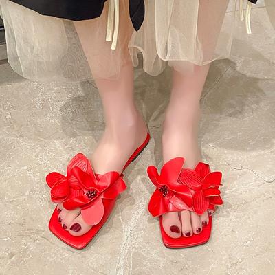 Мода 2025 Лето Открытый Носок Женские Шлепанцы Уличные Повседневные Квадратный Носок Аппликации Низкий Каблук Сандалии для Большого Размера Пляжные Повседневные Шлепанцы