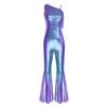 Womens Vintage 70s Disco Jumpsuit Sequin Tassel One Shoulder Bell Bottom Pants