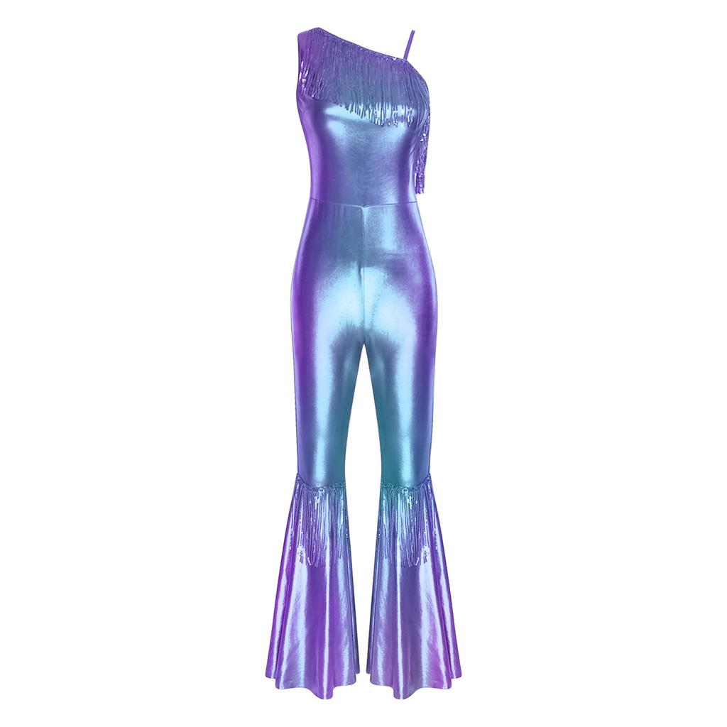 Womens Vintage 70s Disco Jumpsuit Sequin Tassel One Shoulder Bell Bottom Pants