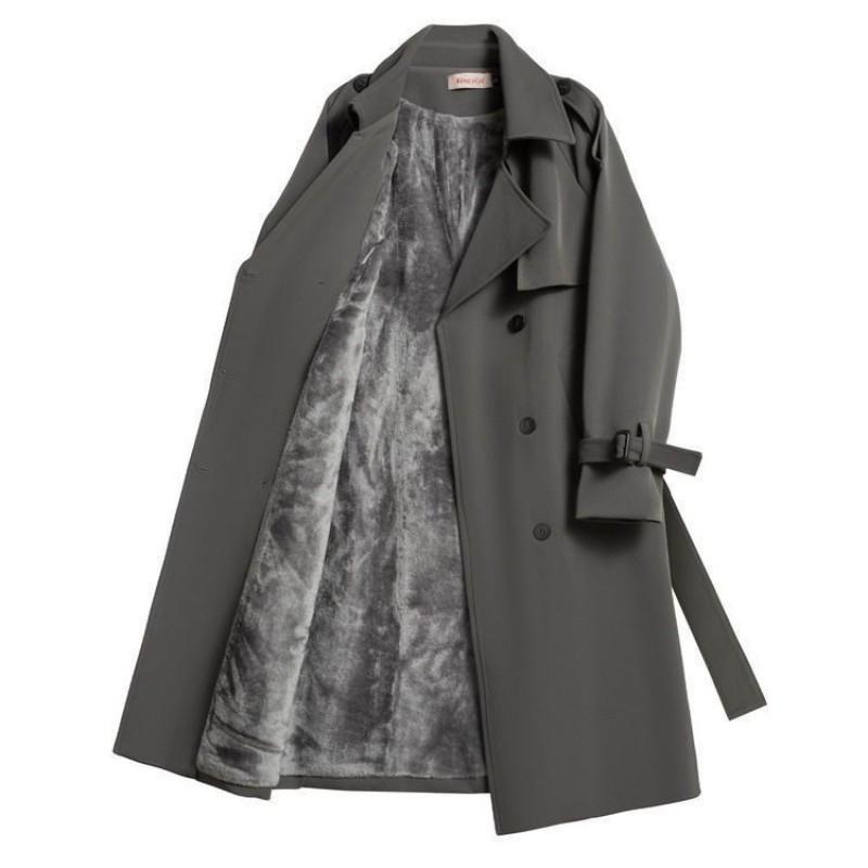 Womens Mid-Length Trench Coat British Style Fleece Lined Fall Small Size Casual Versatile High-end Overcoat