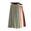 Summer Women Solid Color Cotton Linen Elastic Waist Skirt Pleated Long Skirts Beach Skirt