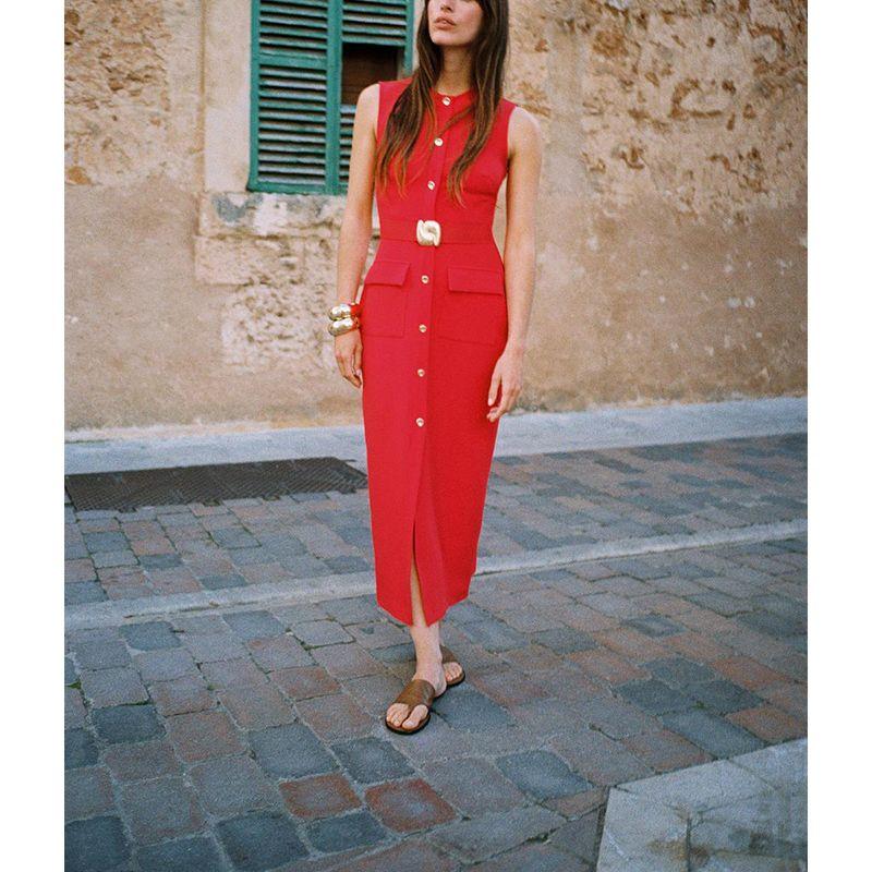 Summer New Product Women's Clothes Decorated Row Button with Belt Crepe Sleeveless Round Neck Midi Skirt Dress 3897054