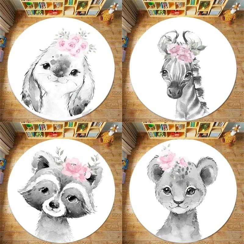 Cute Lion Elephant Giraffe Round Carpet Pattern Floor Mat Bedroom Living Room Chair Floor Rugs Home Bathroom Carpet Decoration