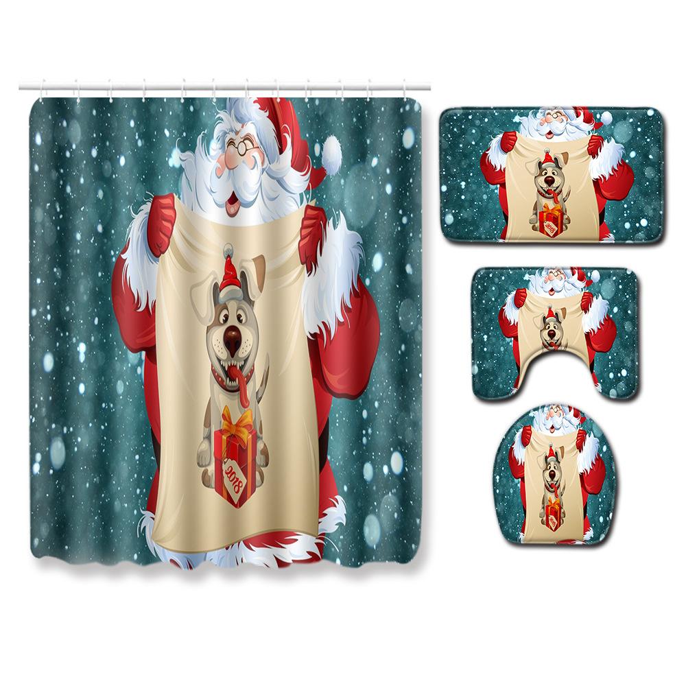 Christmas Waterproof Shower Curtain Four-Piece Combination Floor Mat Entrance Door Mat Bedroom Living Room Carpet