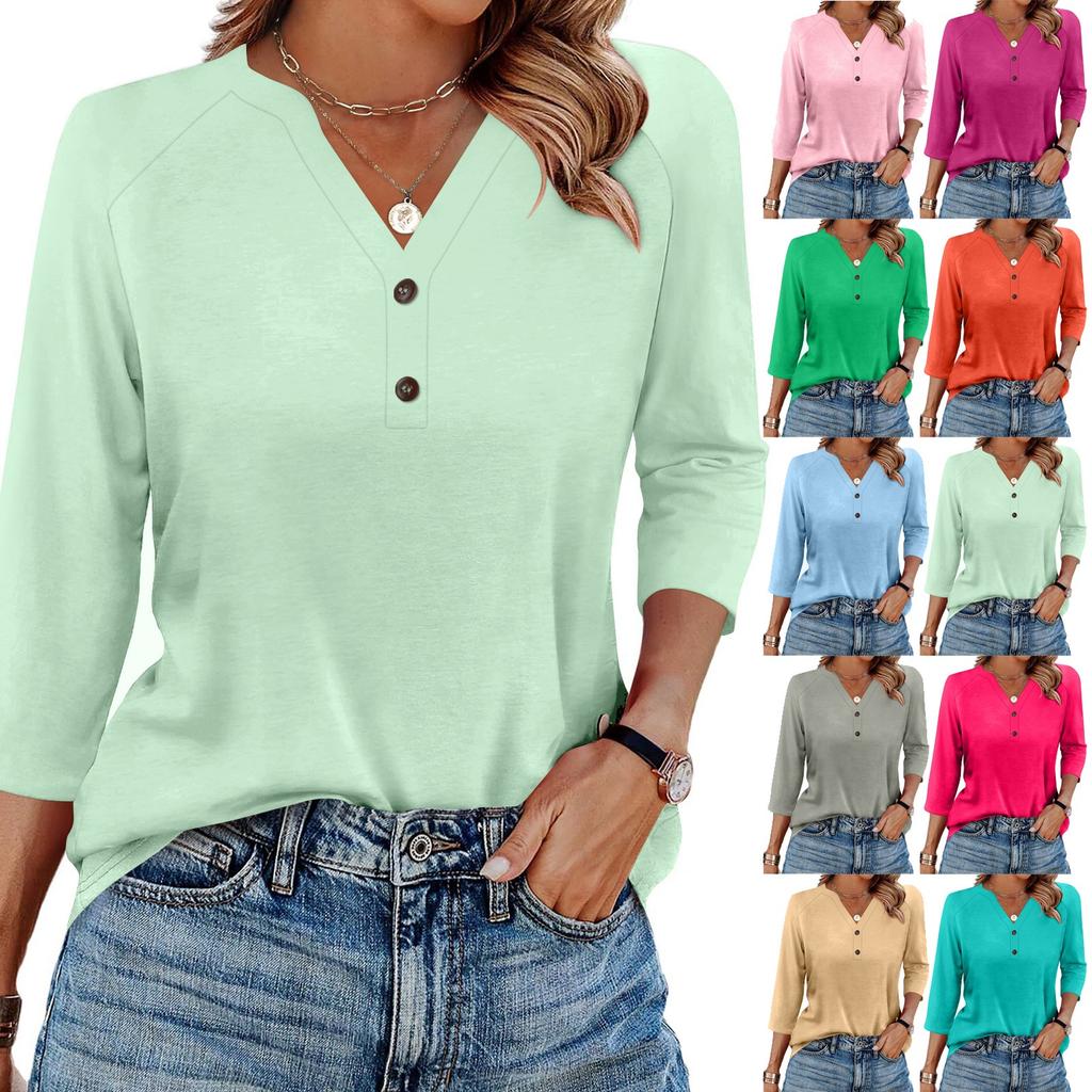 Women's T Shirt Solid Color Button 3/4 Sleeve Daily Weekend Fashion Basic V- Neck Regular Top